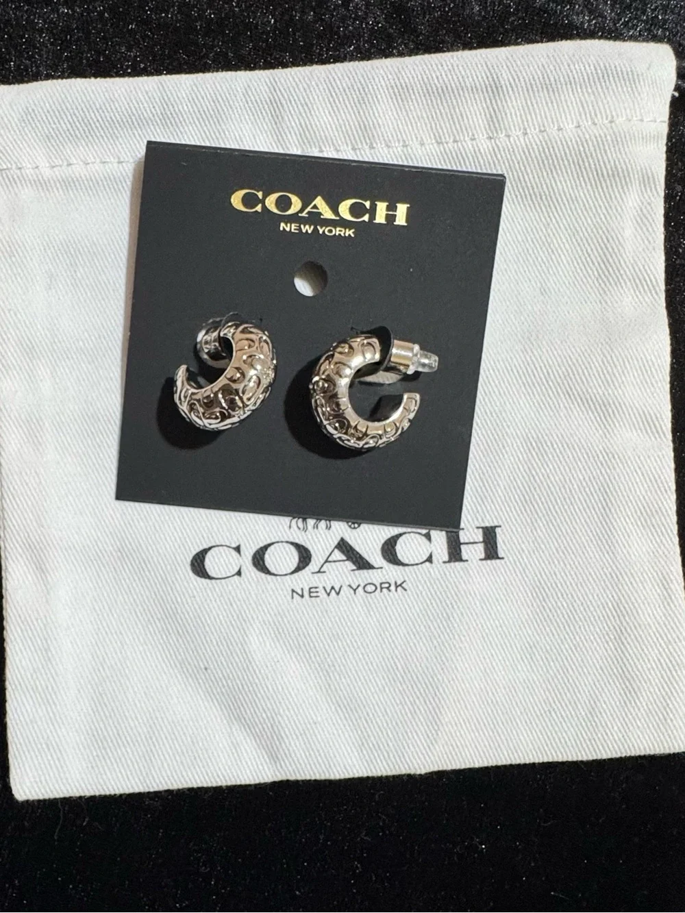 COACH Silver-Tone Signature Pattern Hoop Earrings - Picture 4 of 4
